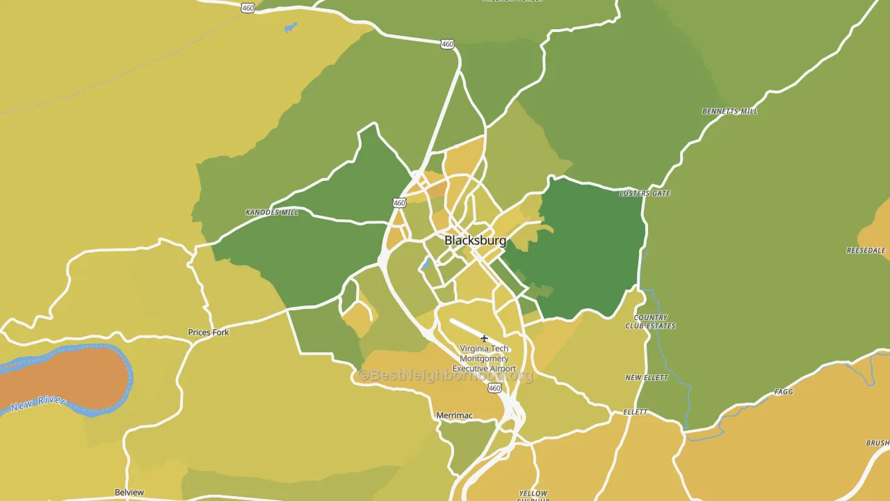 Map of the best neighborhoods in the Blacksburg Metro area, with better matches in green and worse matches in red