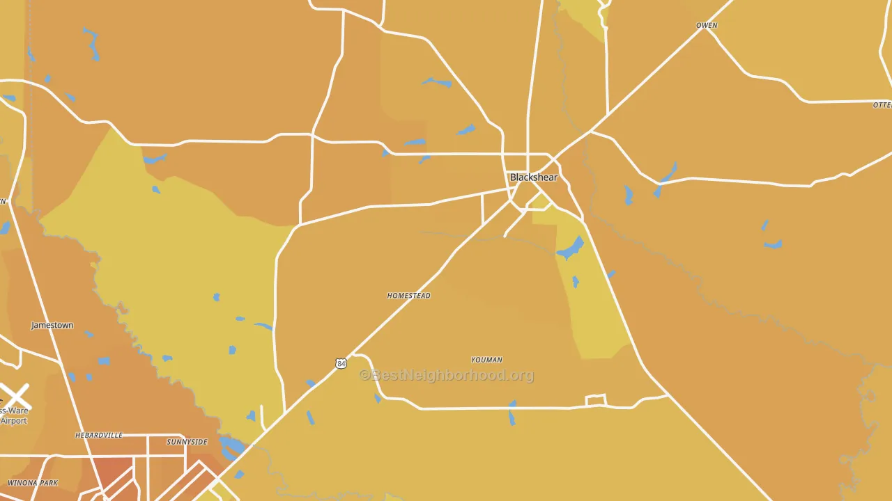 Map of the best neighborhoods in the Blackshear area, with better matches in green and worse matches in red