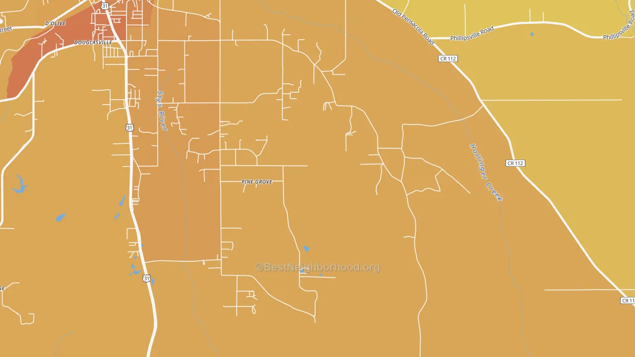Map of the best neighborhoods in the Blacksher area, with better matches in green and worse matches in red
