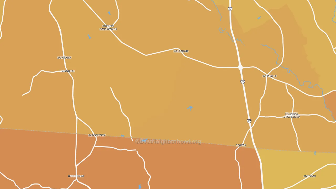 Map of the best neighborhoods in the Blackstock area, with better matches in green and worse matches in red