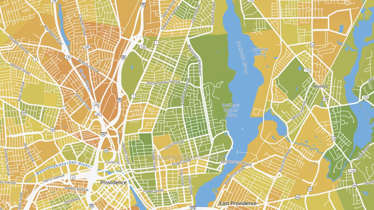 Map of the best neighborhoods in the Blackstone, Providence area, with better matches in green and worse matches in red