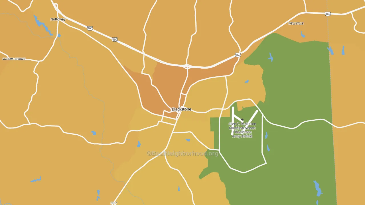 Map of the best neighborhoods in the Blackstone area, with better matches in green and worse matches in red