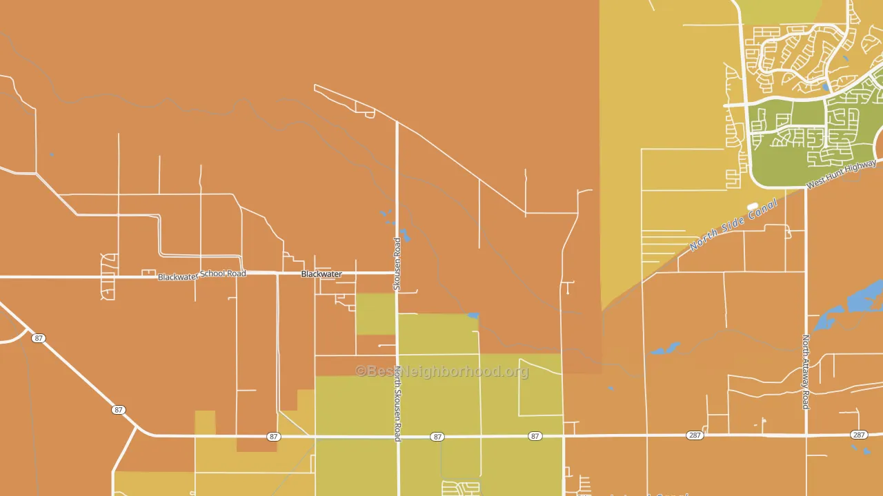Map of the best neighborhoods in the Blackwater area, with better matches in green and worse matches in red
