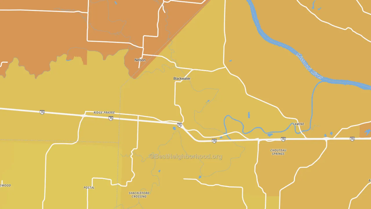 Map of the best neighborhoods in the Blackwater area, with better matches in green and worse matches in red