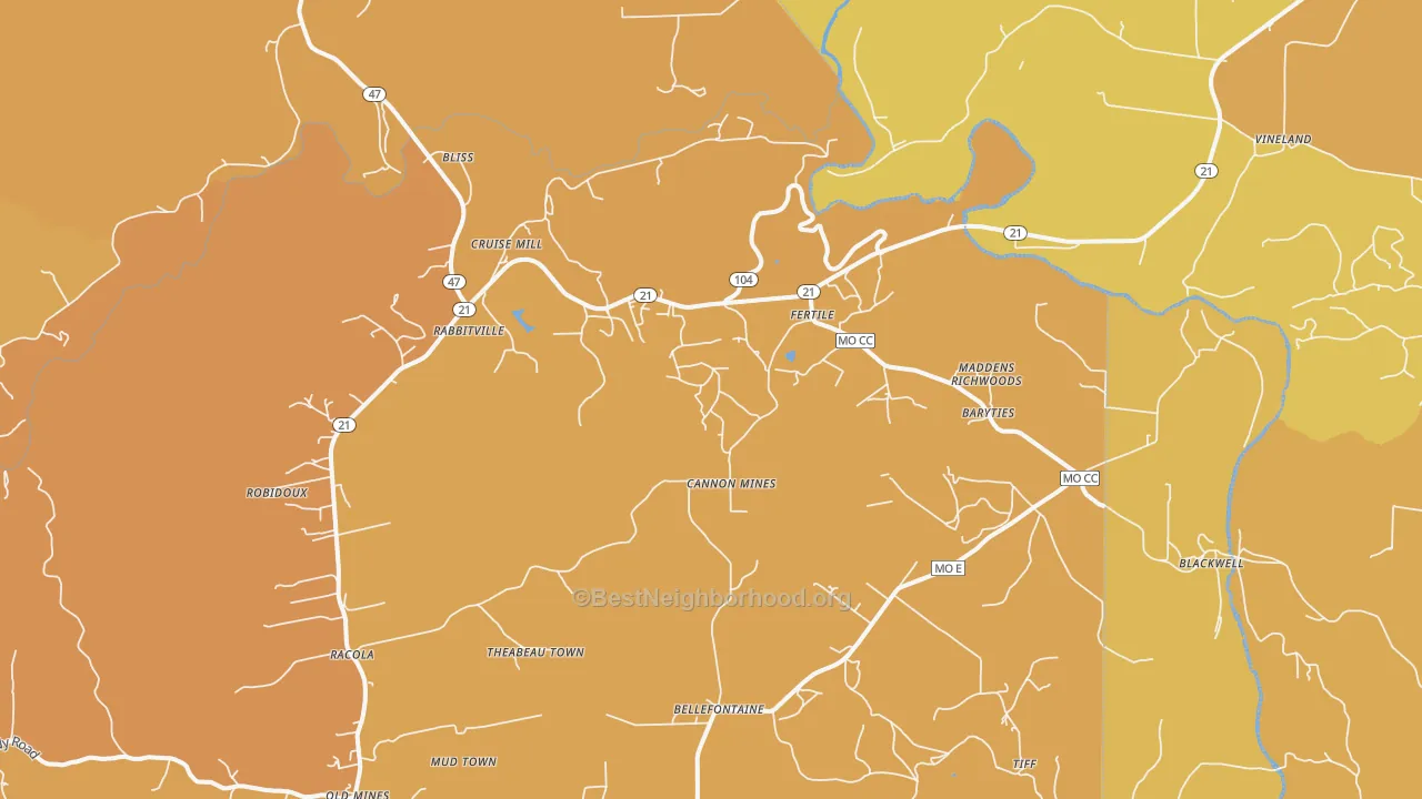 Map of the best neighborhoods in the Blackwell area, with better matches in green and worse matches in red