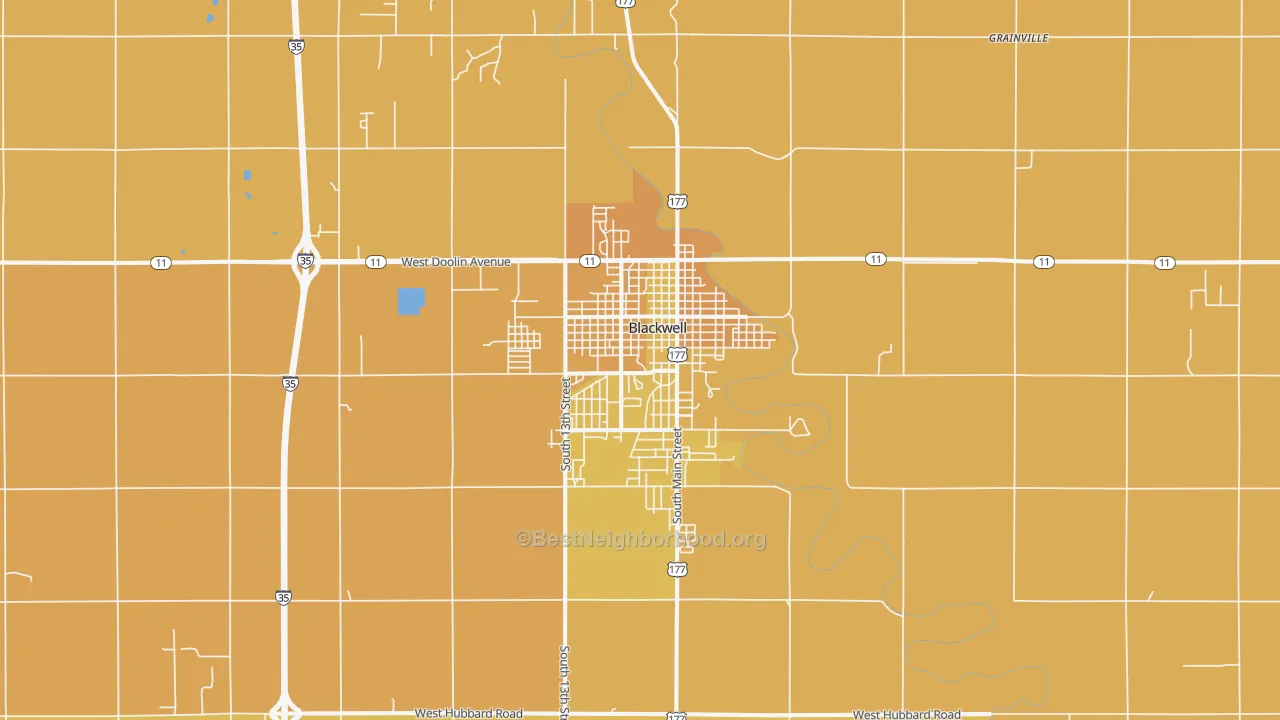 Map of the best neighborhoods in the Blackwell area, with better matches in green and worse matches in red