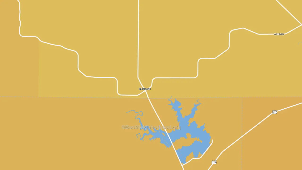 Map of the best neighborhoods in the Blackwell area, with better matches in green and worse matches in red