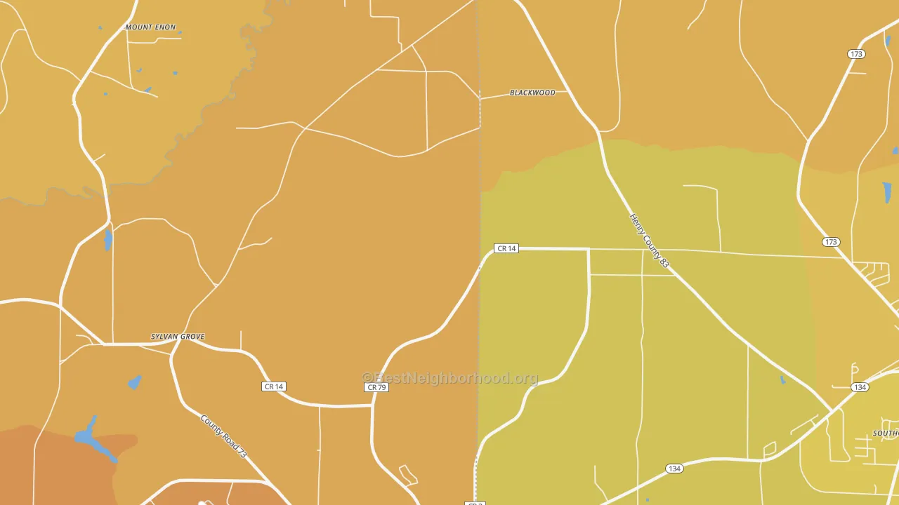 Map of the best neighborhoods in the Blackwood area, with better matches in green and worse matches in red