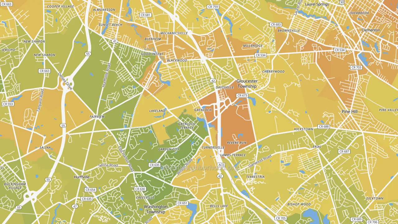Map of the best neighborhoods in the Blackwood area, with better matches in green and worse matches in red