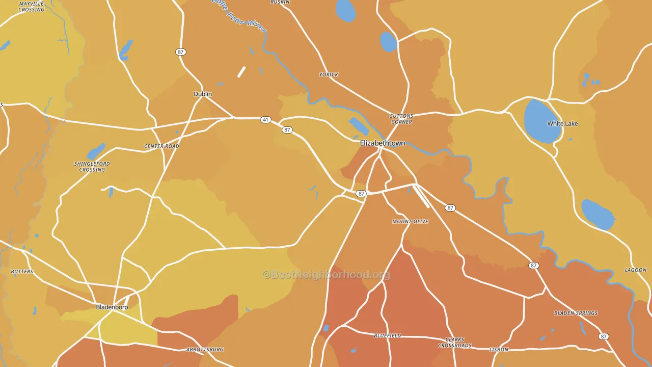 Map of the best neighborhoods in the Bladen County area, with better matches in green and worse matches in red