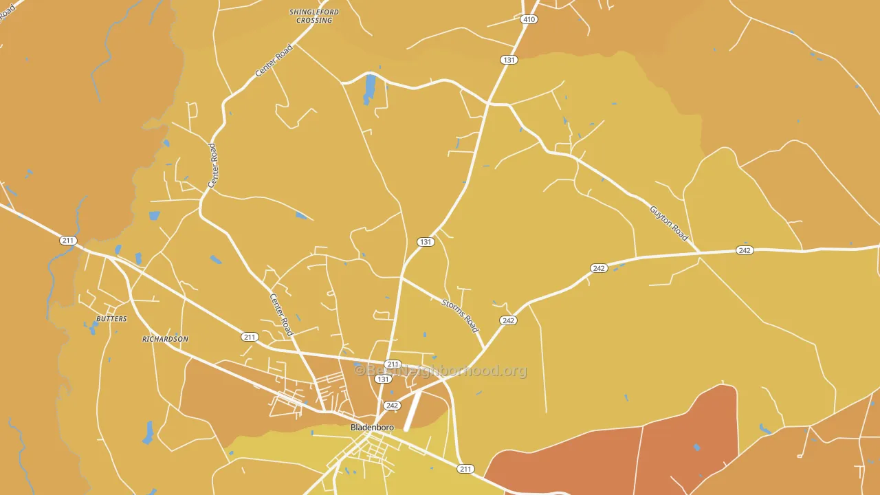 Map of the best neighborhoods in the Bladenboro area, with better matches in green and worse matches in red