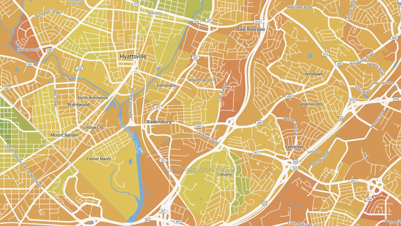 Map of the best neighborhoods in the Bladensburg area, with better matches in green and worse matches in red