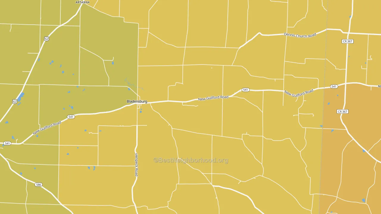 Map of the best neighborhoods in the Bladensburg area, with better matches in green and worse matches in red