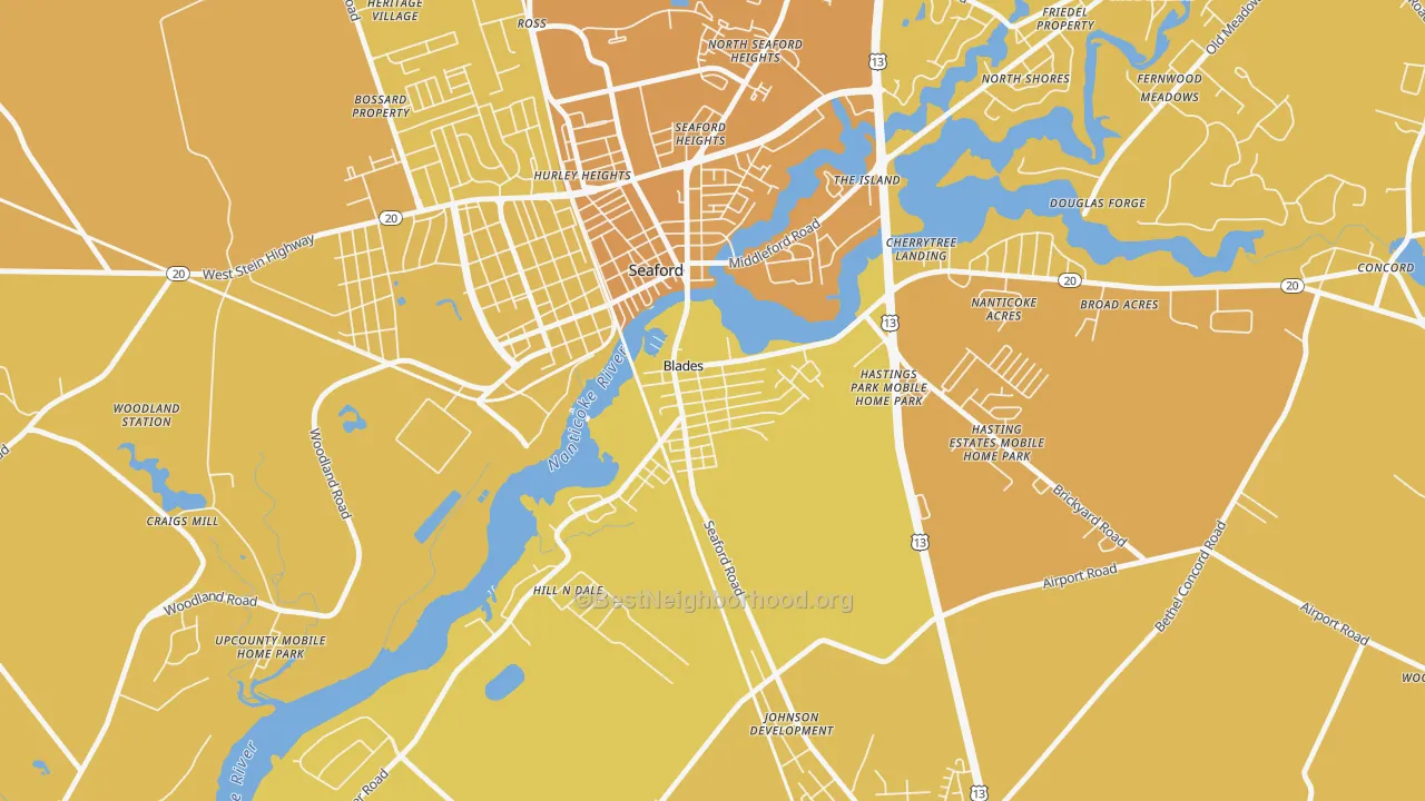 Map of the best neighborhoods in the Blades area, with better matches in green and worse matches in red