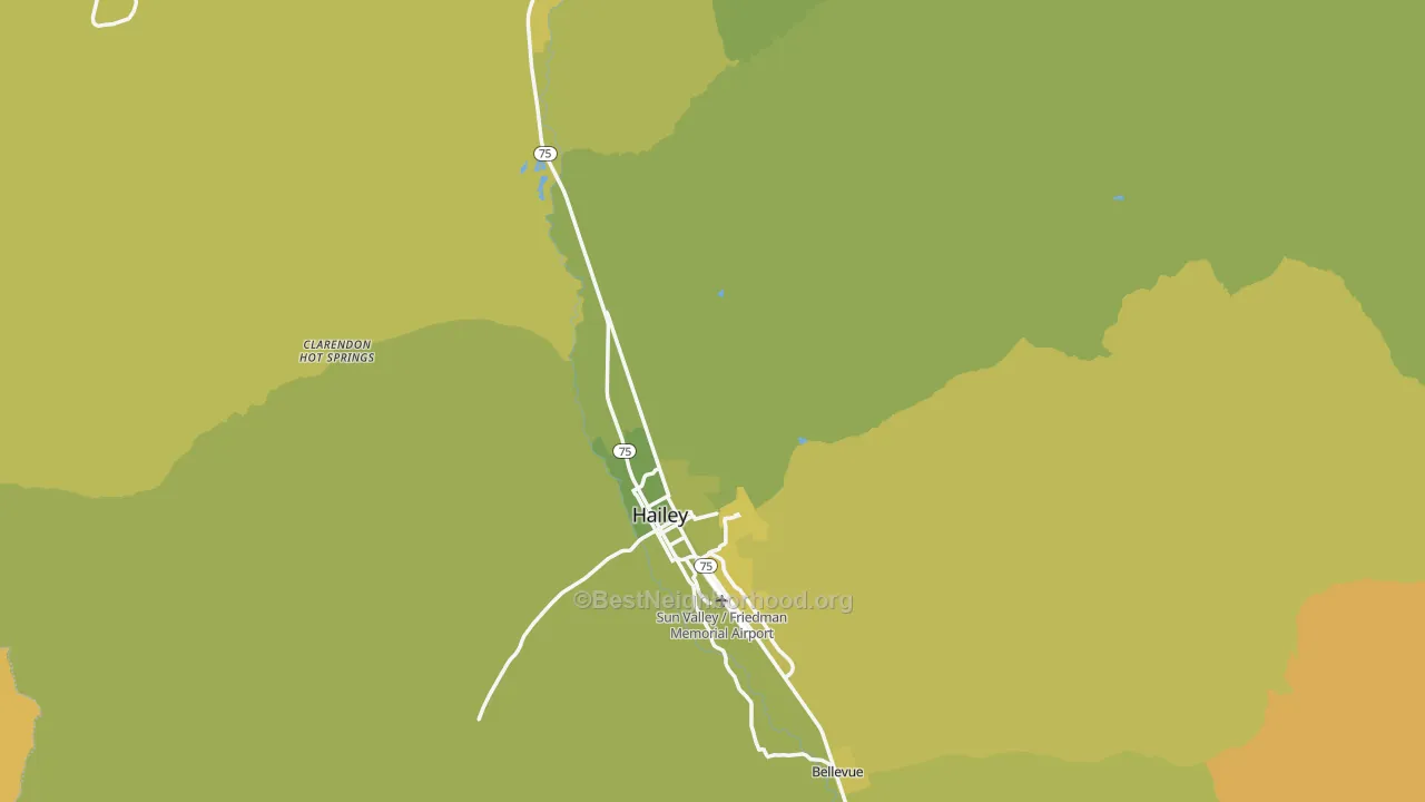 Map of the best neighborhoods in the Blaine County area, with better matches in green and worse matches in red