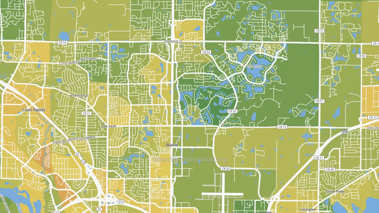 Map of the best neighborhoods in the Blaine area, with better matches in green and worse matches in red