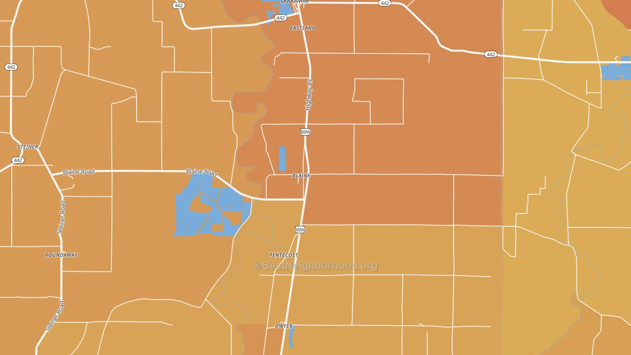 Map of the best neighborhoods in the Blaine area, with better matches in green and worse matches in red