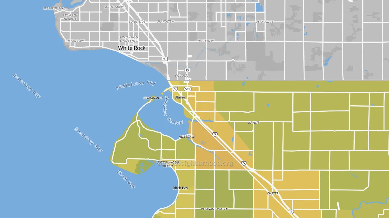 Map of the best neighborhoods in the Blaine area, with better matches in green and worse matches in red