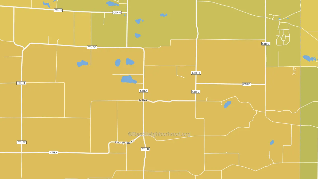 Map of the best neighborhoods in the Blaine area, with better matches in green and worse matches in red