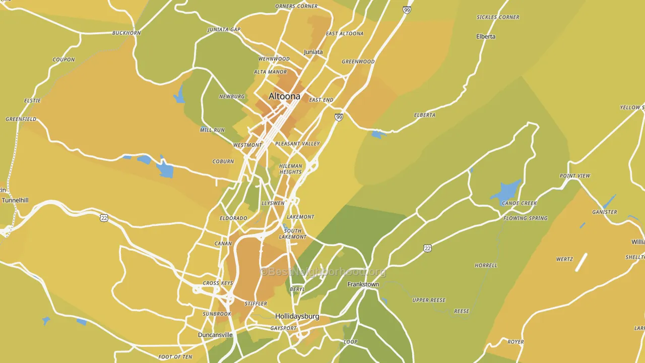 Map of the best neighborhoods in the Blair County area, with better matches in green and worse matches in red