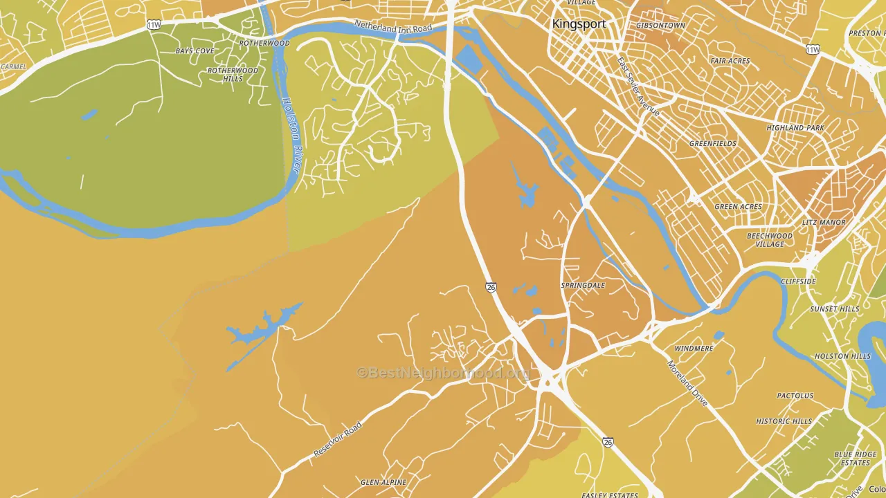 Map of the best neighborhoods in the Blair Gap area, with better matches in green and worse matches in red