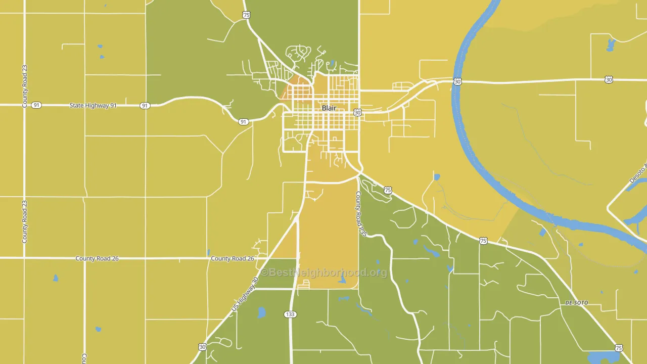 Map of the best neighborhoods in the Blair area, with better matches in green and worse matches in red
