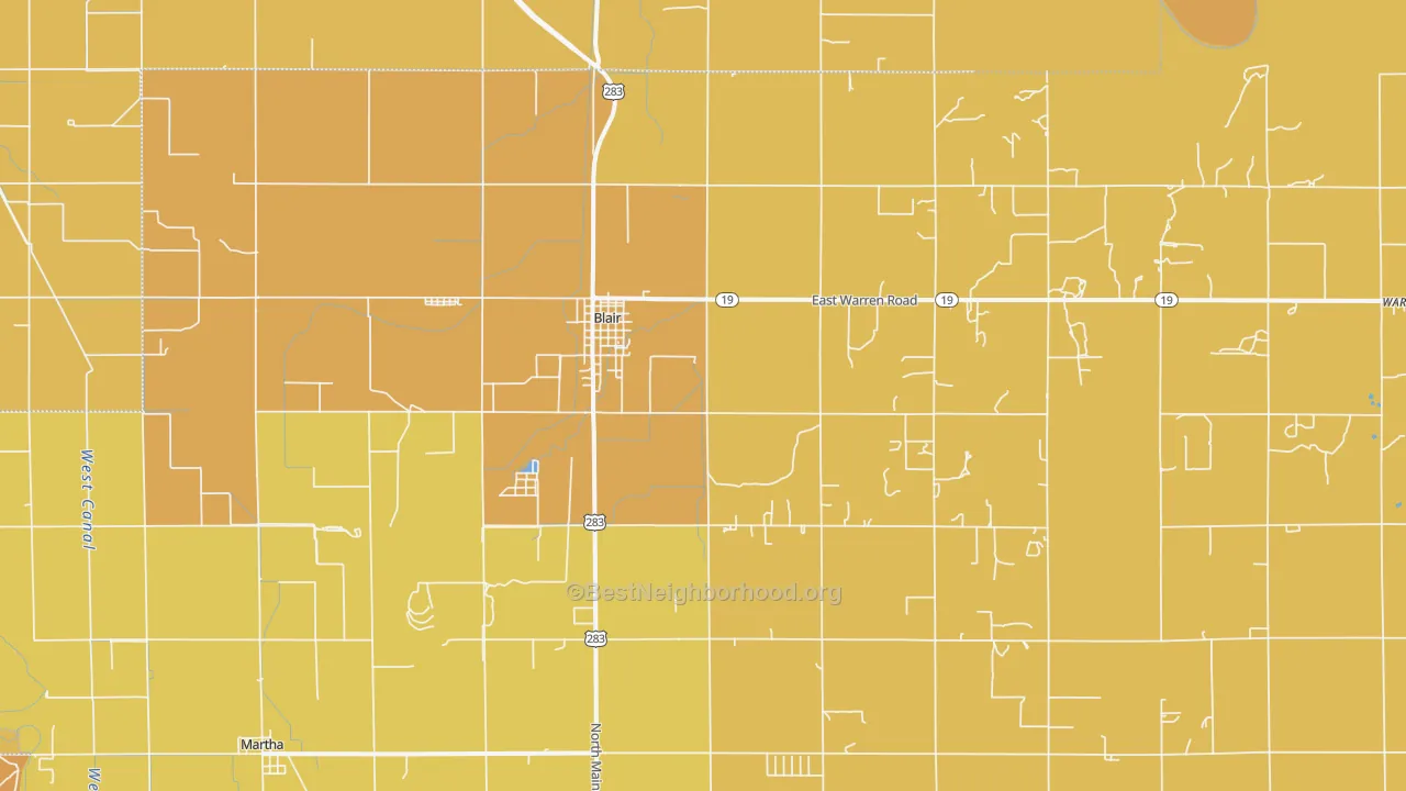 Map of the best neighborhoods in the Blair area, with better matches in green and worse matches in red