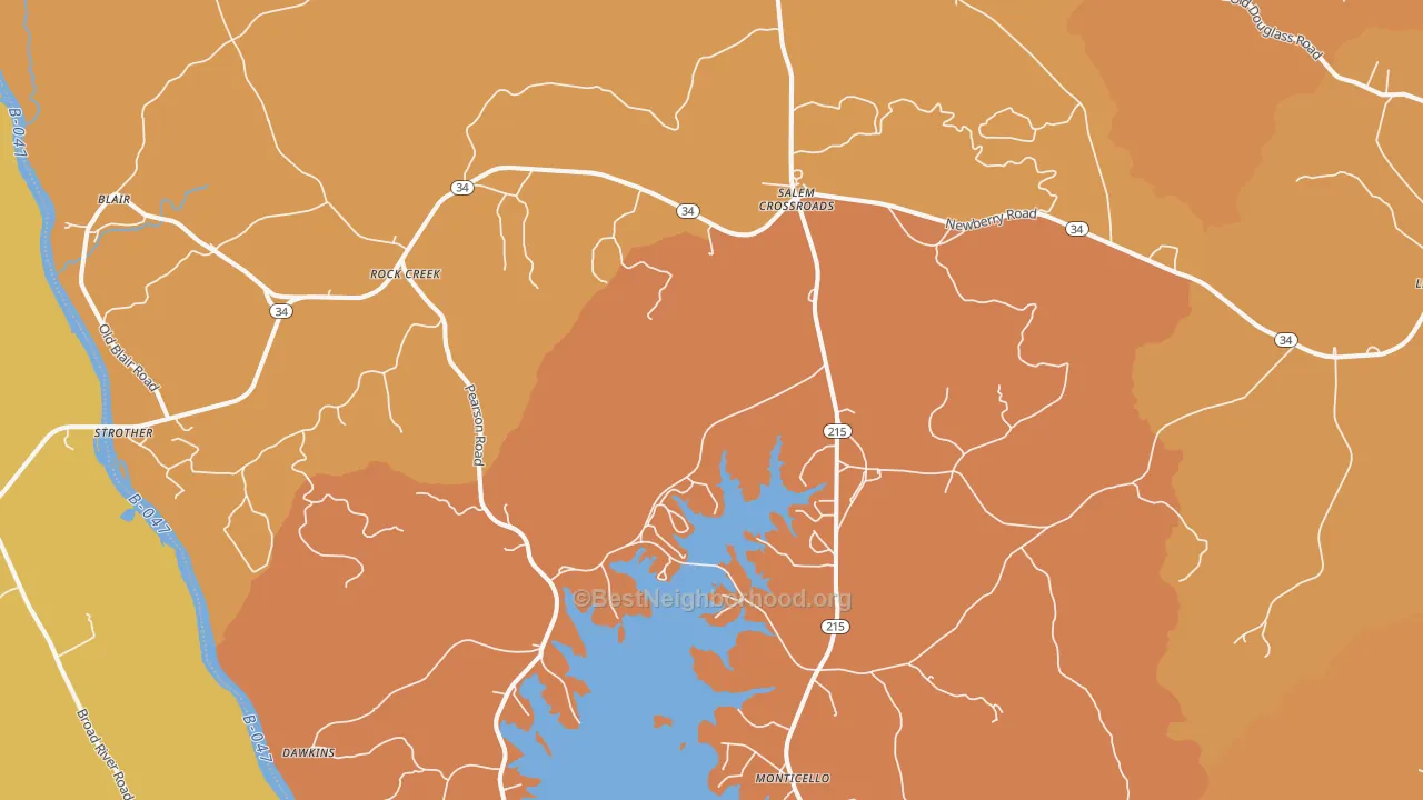 Map of the best neighborhoods in the Blair area, with better matches in green and worse matches in red