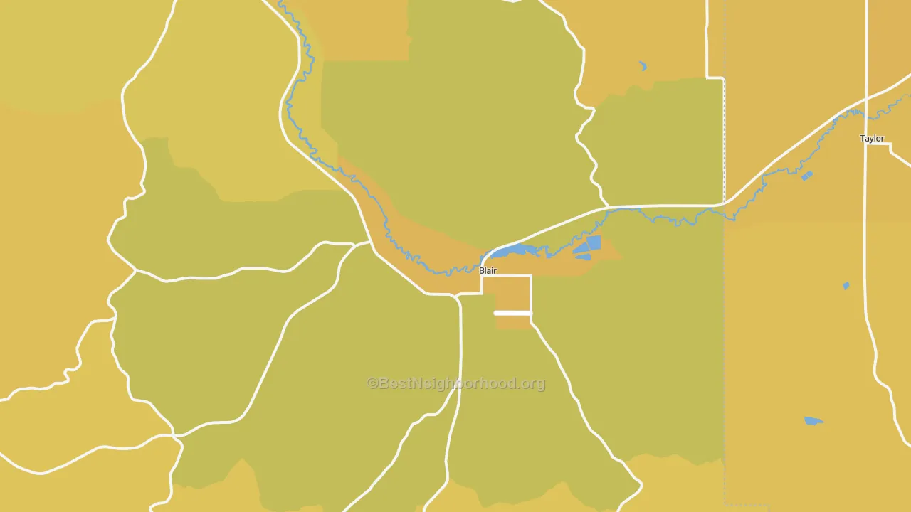 Map of the best neighborhoods in the Blair area, with better matches in green and worse matches in red