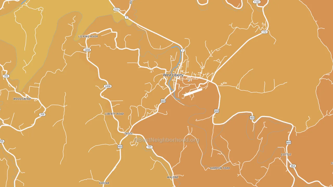Map of the best neighborhoods in the Blairs Mill area, with better matches in green and worse matches in red