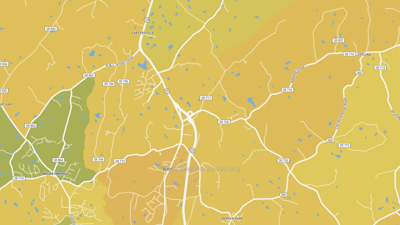 Map of the best neighborhoods in the Blairs area, with better matches in green and worse matches in red