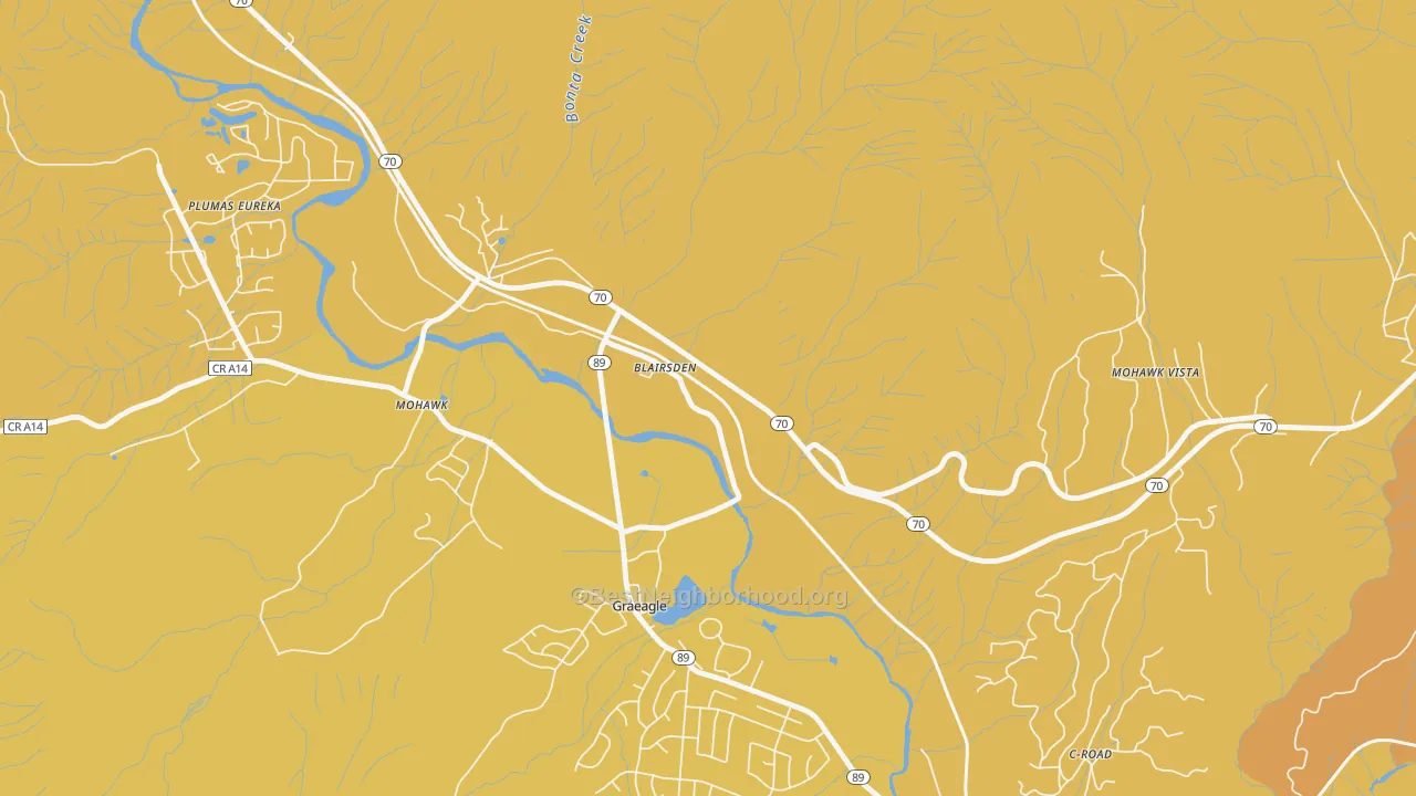 Map of the best neighborhoods in the Blairsden area, with better matches in green and worse matches in red