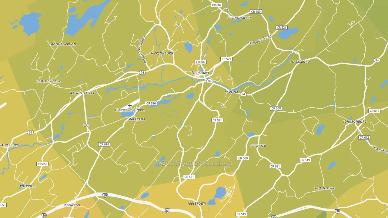 Map of the best neighborhoods in the Blairstown area, with better matches in green and worse matches in red