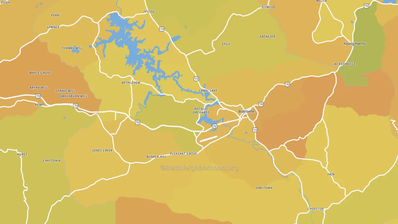 Map of the best neighborhoods in the Blairsville area, with better matches in green and worse matches in red