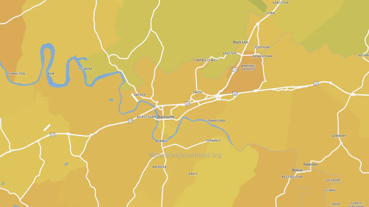 Map of the best neighborhoods in the Blairsville area, with better matches in green and worse matches in red