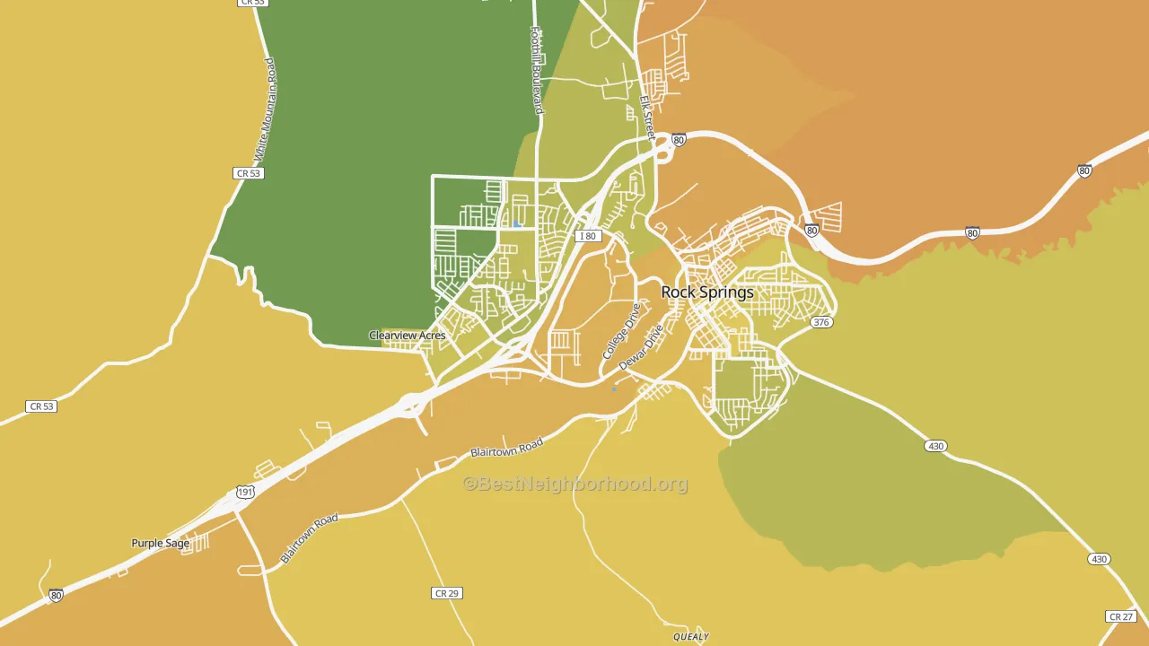 Map of the best neighborhoods in the Blairtown area, with better matches in green and worse matches in red