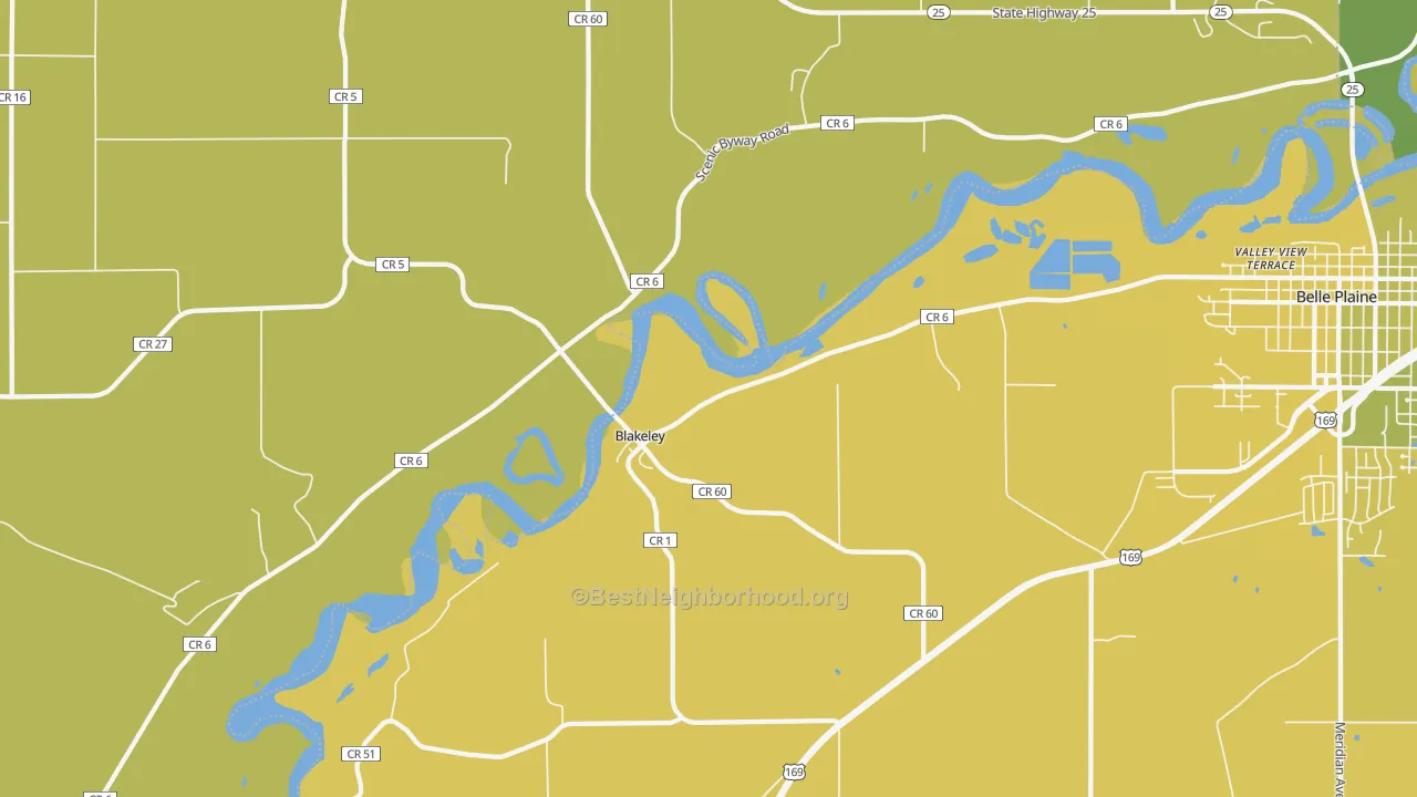 Map of the best neighborhoods in the Blakeley area, with better matches in green and worse matches in red