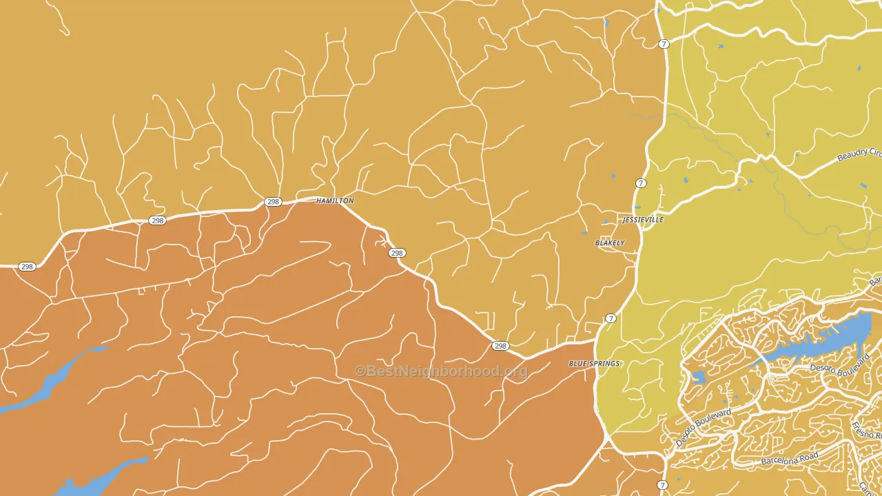 Map of the best neighborhoods in the Blakely area, with better matches in green and worse matches in red