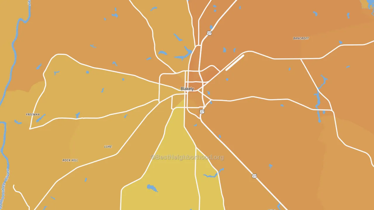 Map of the best neighborhoods in the Blakely area, with better matches in green and worse matches in red
