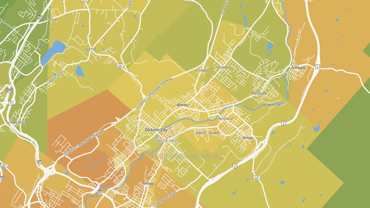 Map of the best neighborhoods in the Blakely area, with better matches in green and worse matches in red