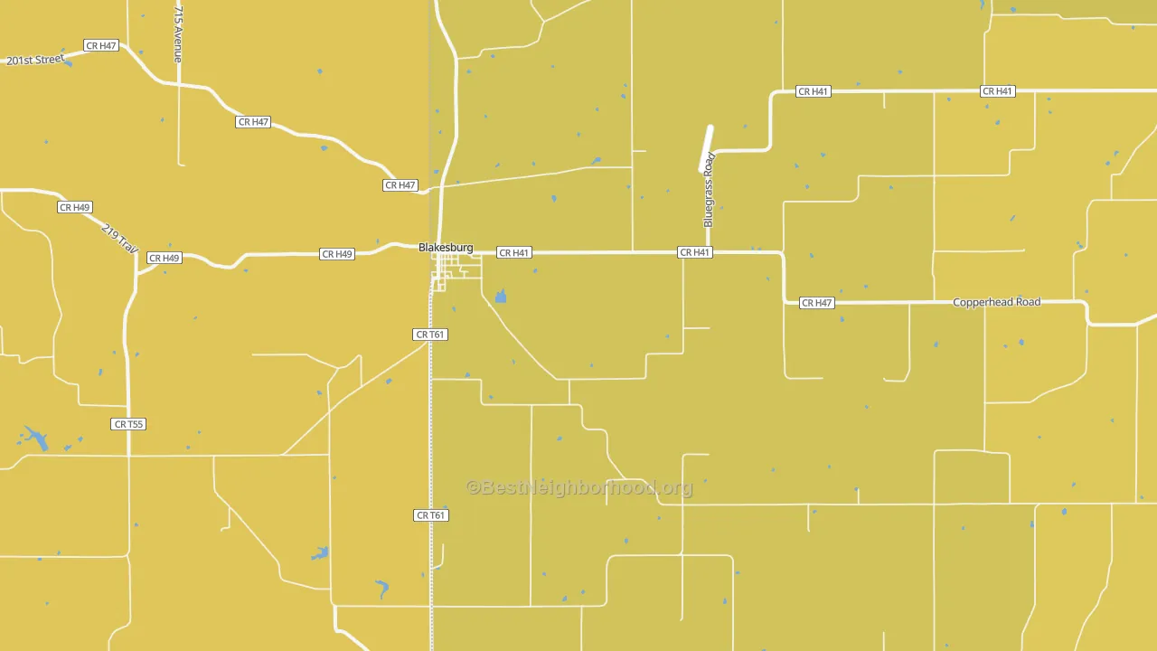 Map of the best neighborhoods in the Blakesburg area, with better matches in green and worse matches in red