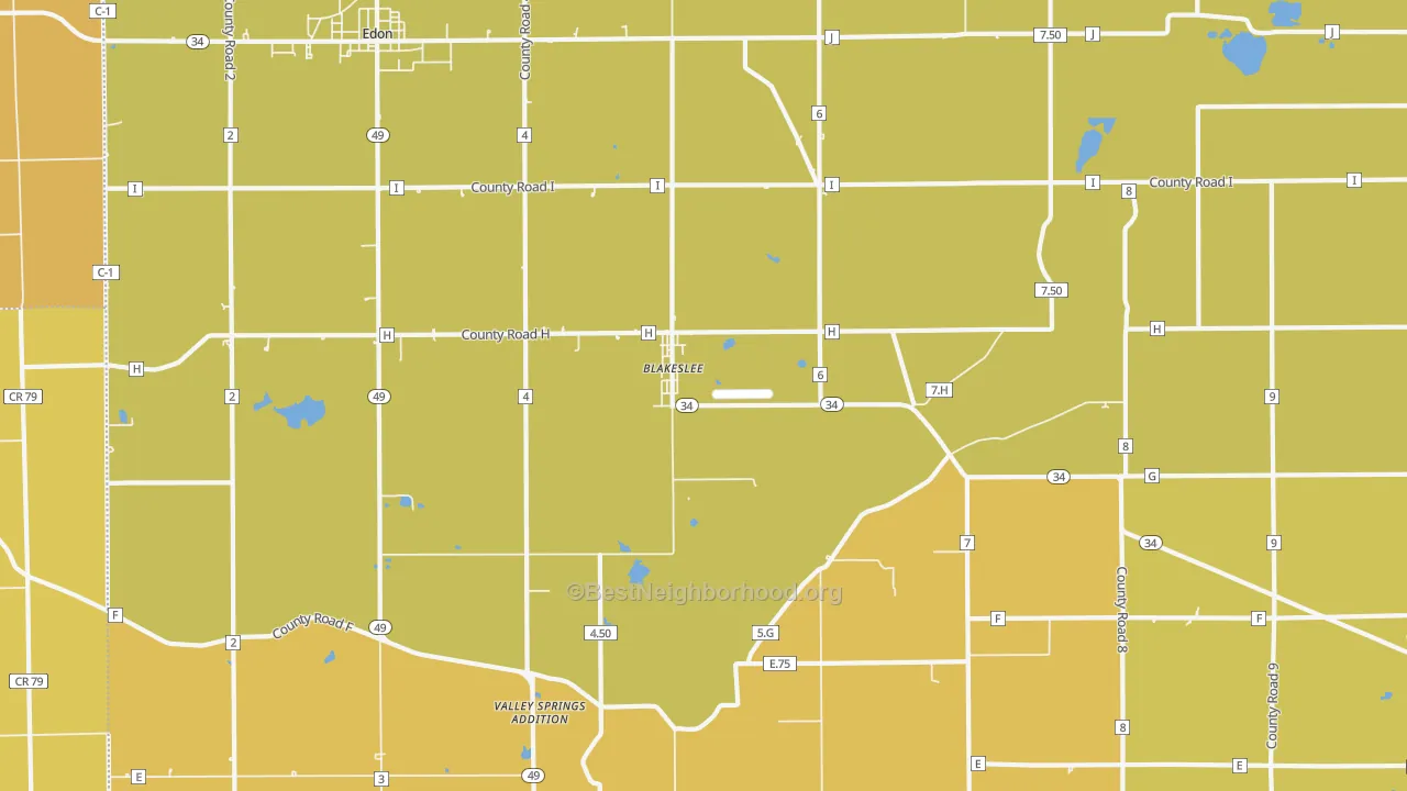 Map of the best neighborhoods in the Blakeslee area, with better matches in green and worse matches in red