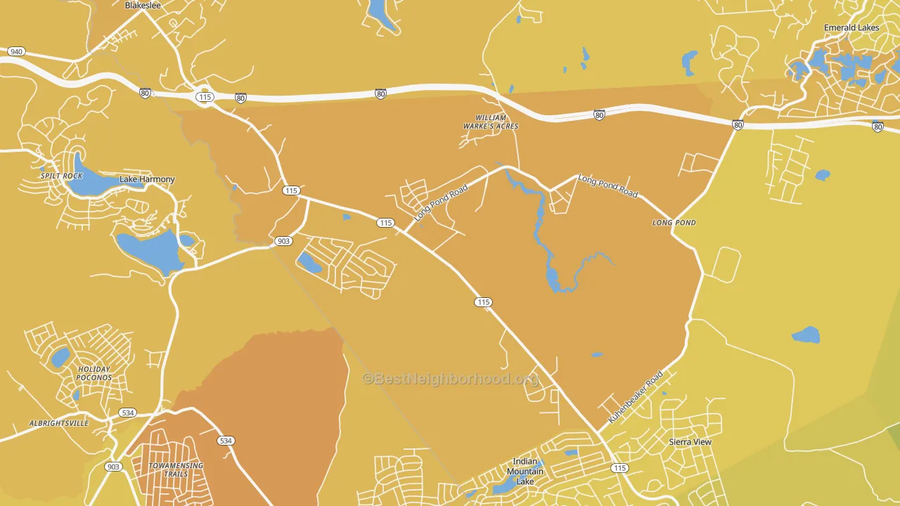 Map of the best neighborhoods in the Blakeslee area, with better matches in green and worse matches in red