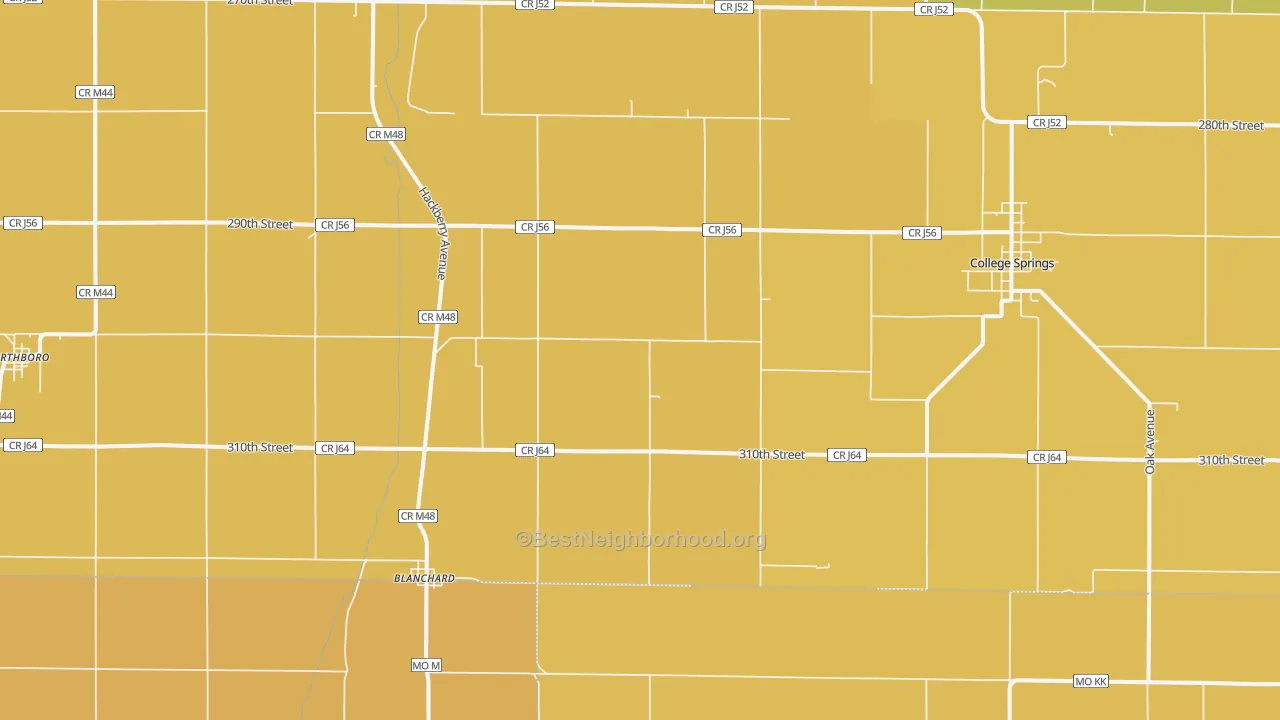 Map of the best neighborhoods in the Blanchard area, with better matches in green and worse matches in red