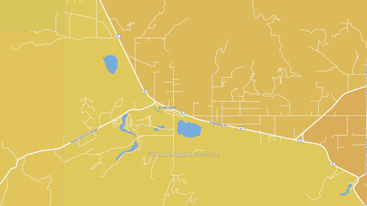 Map of the best neighborhoods in the Blanchard area, with better matches in green and worse matches in red