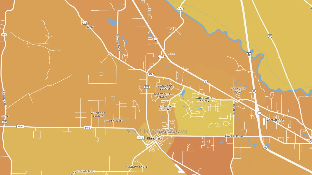 Map of the best neighborhoods in the Blanchard area, with better matches in green and worse matches in red