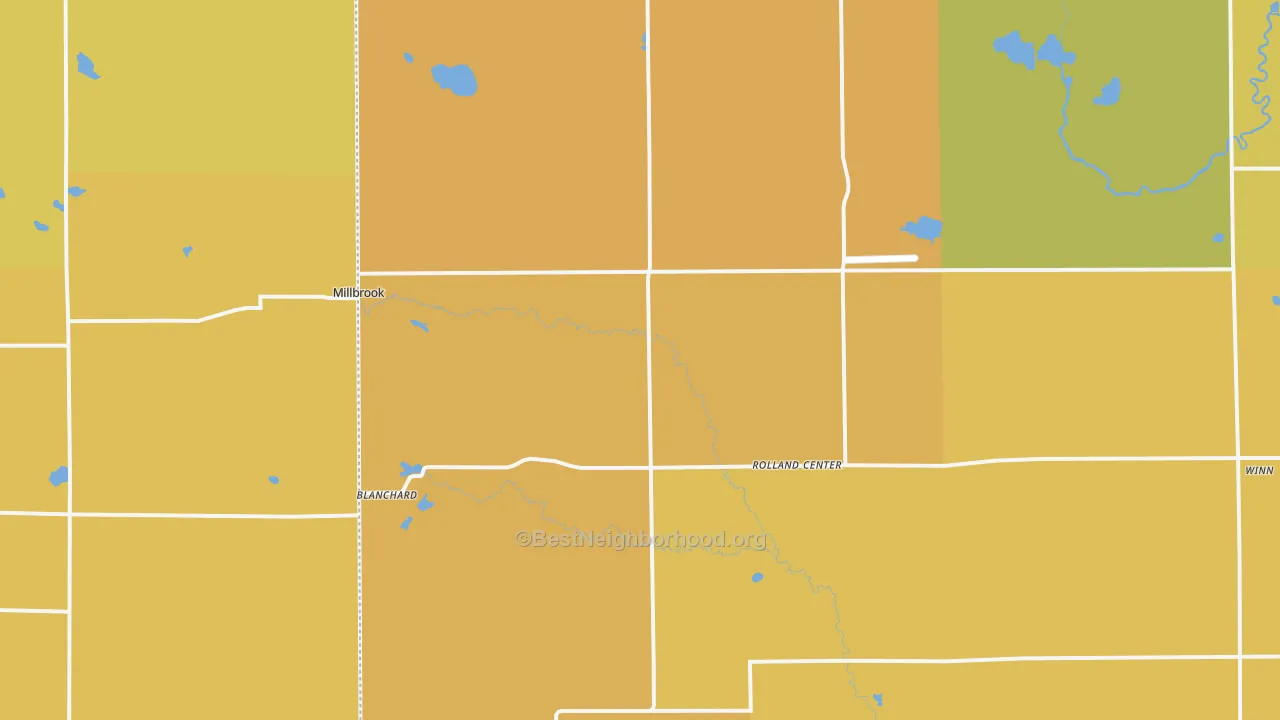 Map of the best neighborhoods in the Blanchard area, with better matches in green and worse matches in red