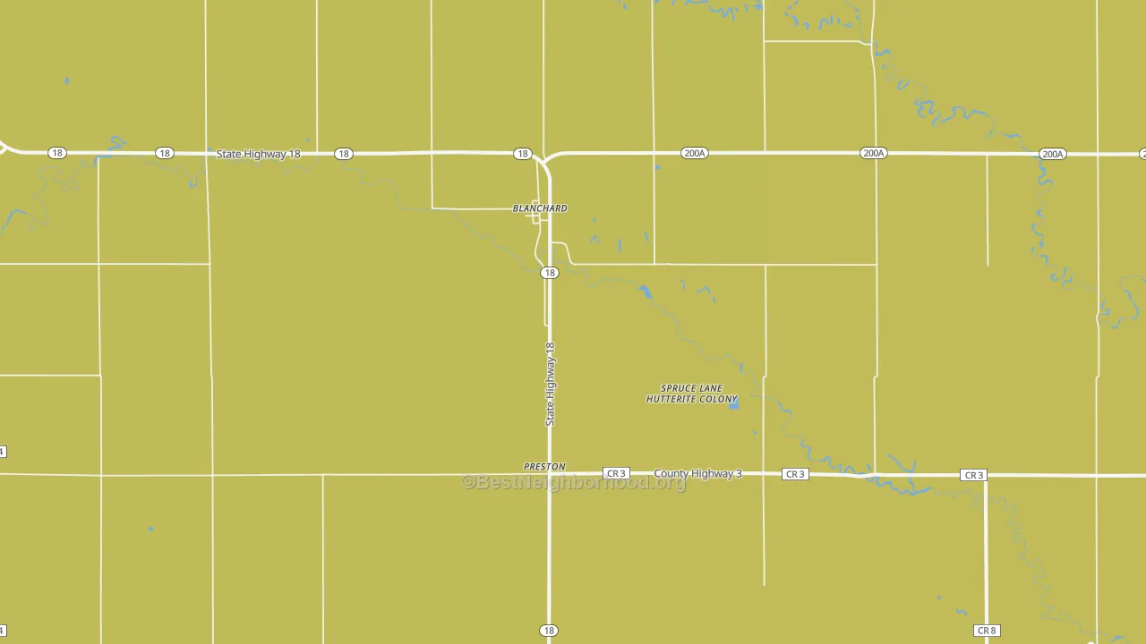 Map of the best neighborhoods in the Blanchard area, with better matches in green and worse matches in red