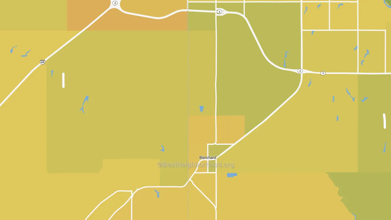Map of the best neighborhoods in the Blanchard area, with better matches in green and worse matches in red