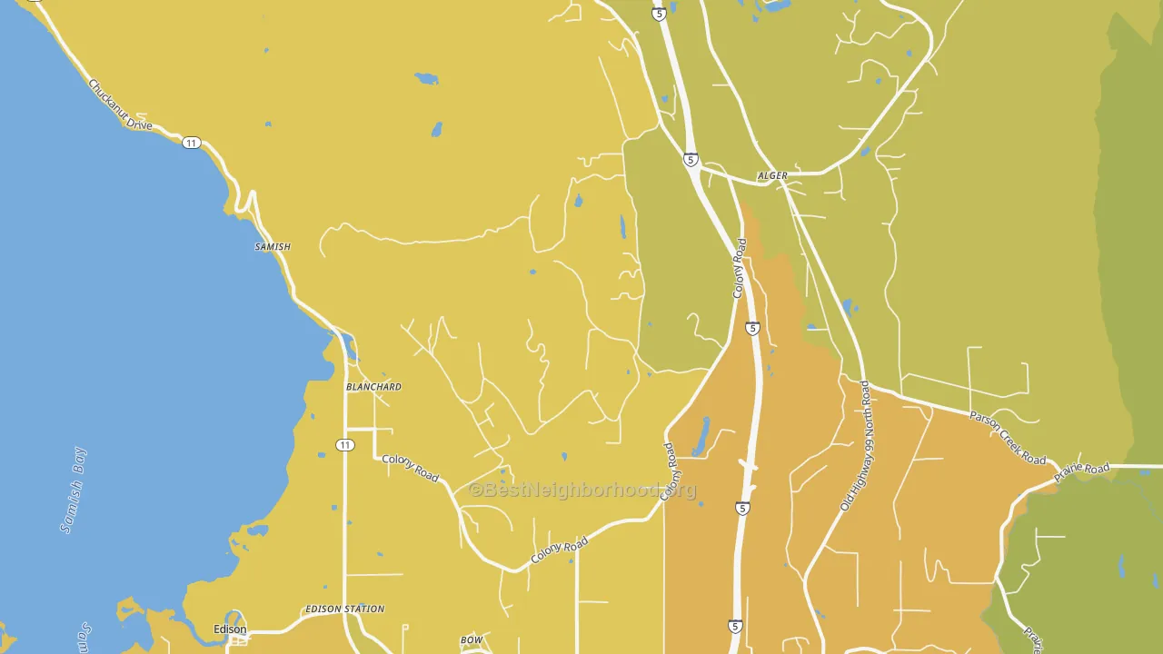 Map of the best neighborhoods in the Blanchard area, with better matches in green and worse matches in red